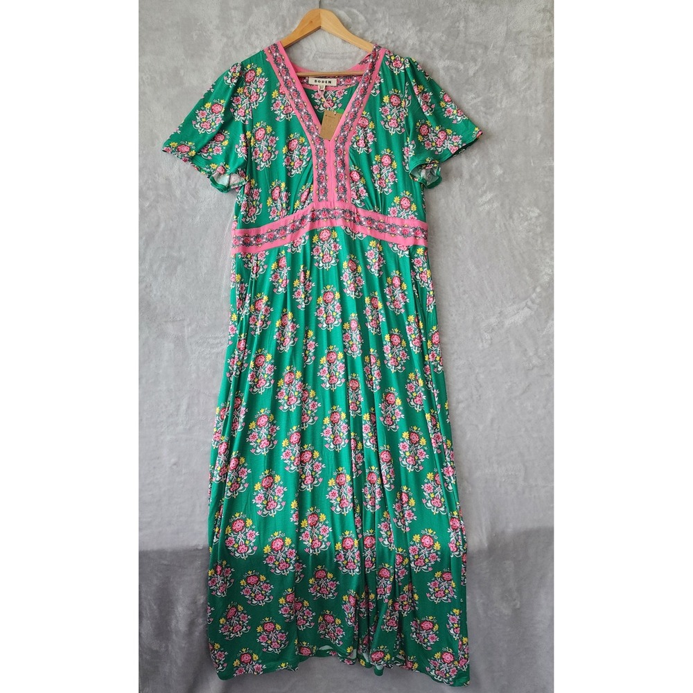 Boden Dress Womens Size 14 Ellie Flutter Maxi Tea Green Floral Pockets 14R NWT